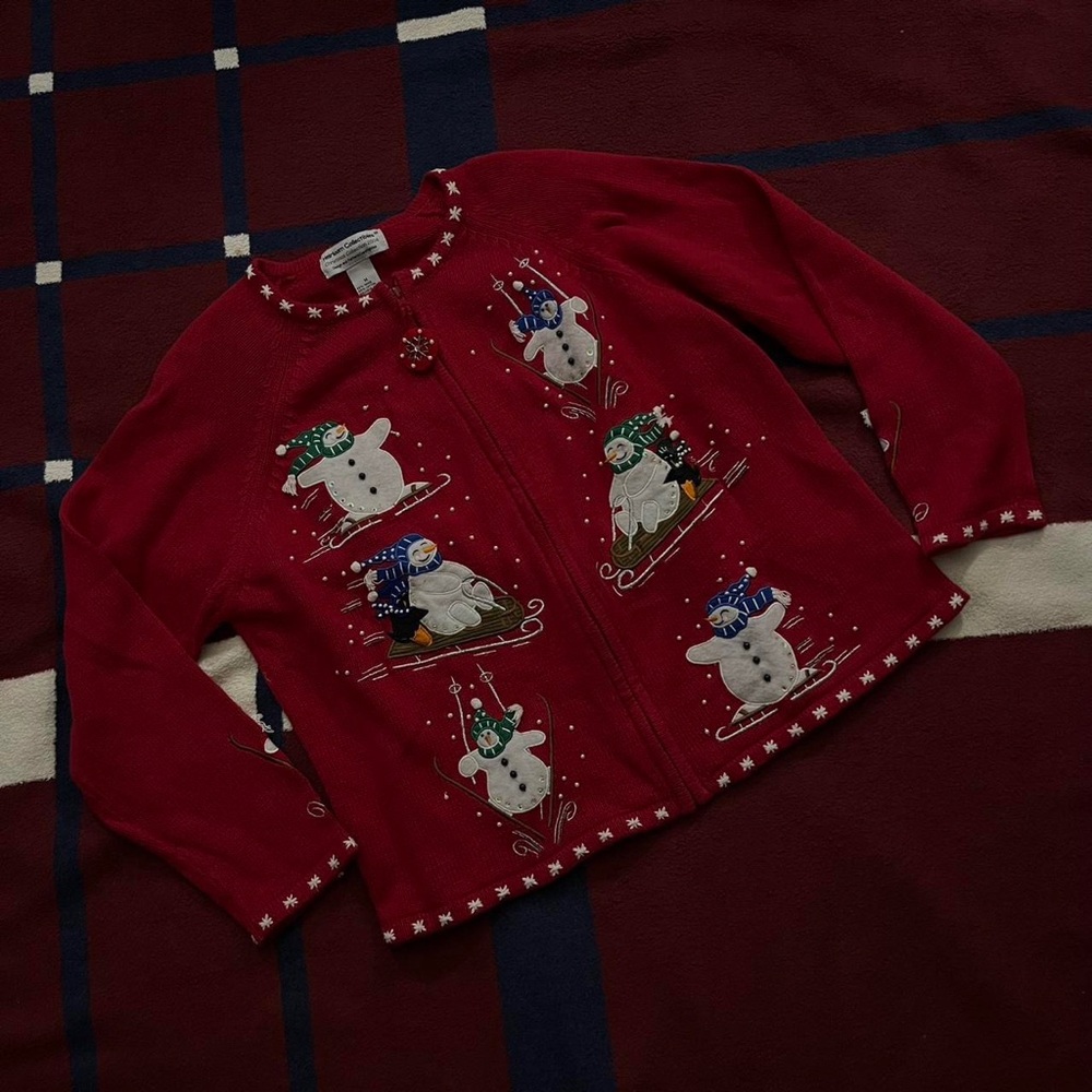 Vtg 2004 Heirloom Collectibles Christmas snowmen red Knit Cardigan Women’s M